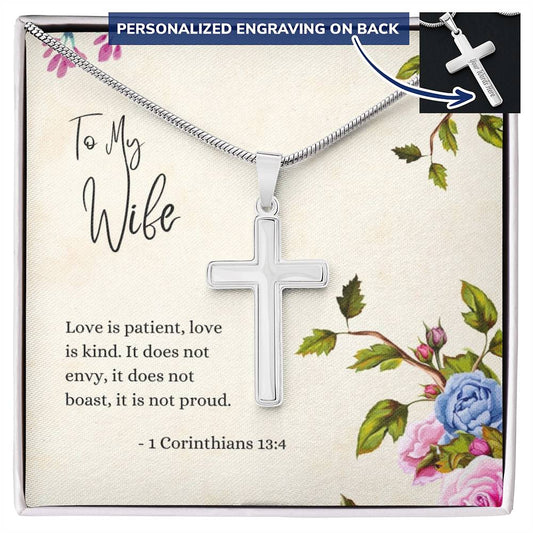 Engraved Cross Necklace | For Wife | 1 Corinthians 13:4