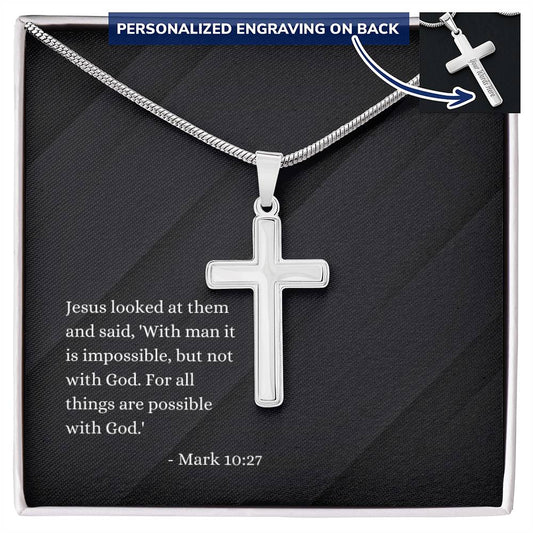 Engraved Cross Necklace | Verse | Mark 10:27 | Black