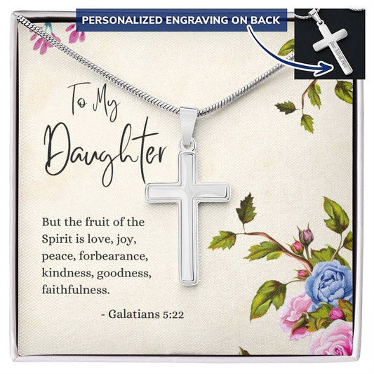 Engraved Cross Necklace | Daughter | Galatians 5:22 | Flowers