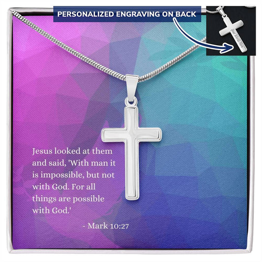 Engraved Cross Necklace | Verse | Mark 10:27 | Abstract