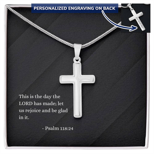 Engraved Cross Necklace | Verse | Psalm 118:24 | Black