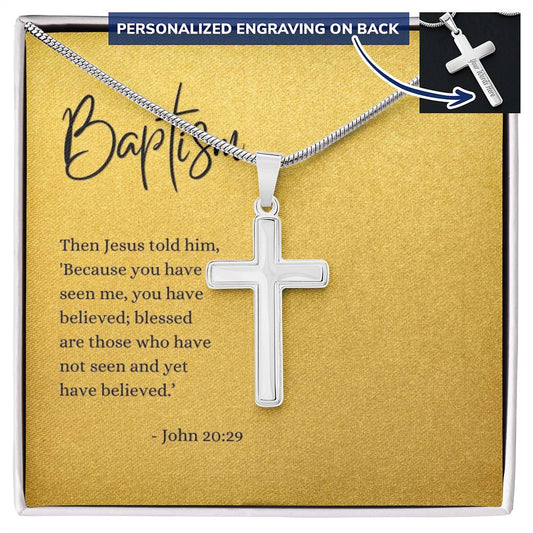 Engraved Cross Necklace | Baptism | John 20:29 | Gold