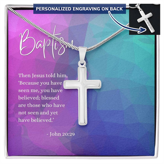 Engraved Cross Necklace | Baptism | John 20:29 | Abstract