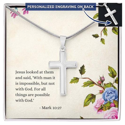 Engraved Cross Necklace | Verse | Mark 10:27 | Flowers