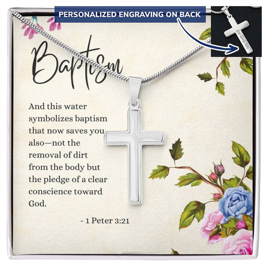 Engraved Cross Necklace | Baptism | 1 Peter 3:21 | Flowers