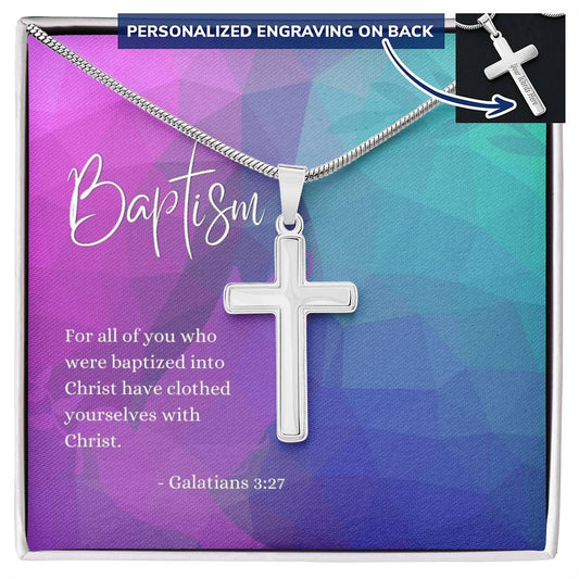 Engraved Cross Necklace | Baptism | Galatians 3:27 | Abstract