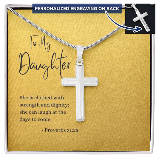 Engraved Cross Necklace | Daughter | Proverbs 31:25 | Gold