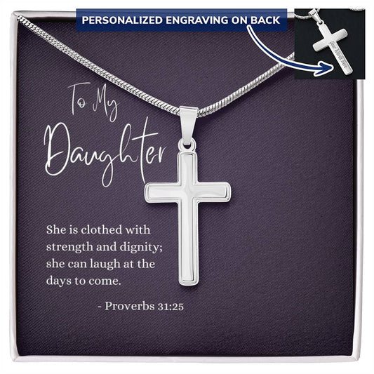 Engraved Cross Necklace | Daughter | Proverbs 31:25 | Purple