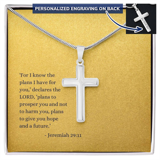 Engraved Cross Necklace | Verse | Jeremiah 29:11 | Gold