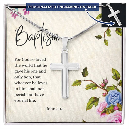 Engraved Cross Necklace | Baptism | John 3:16 | Flowers