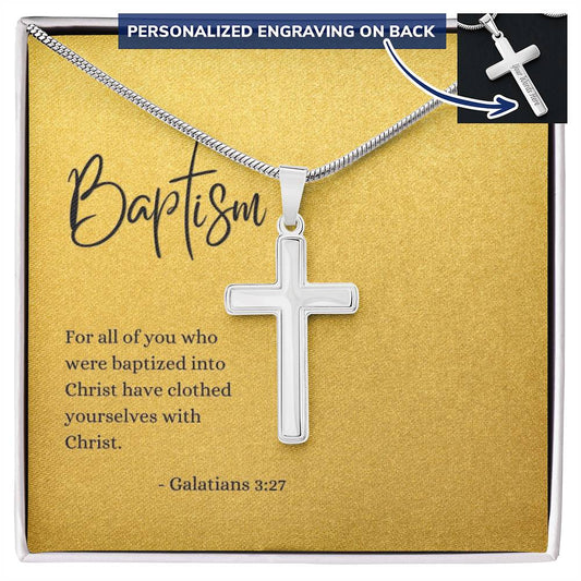 Engraved Cross Necklace | Baptism | Galatians 3:27 | Gold