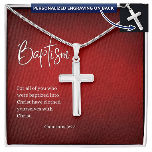 Engraved Cross Necklace | Baptism | Galatians 3:27 | Red