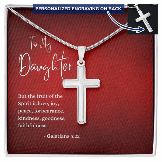 Engraved Cross Necklace | Daughter | Galatians 5:22 | Red