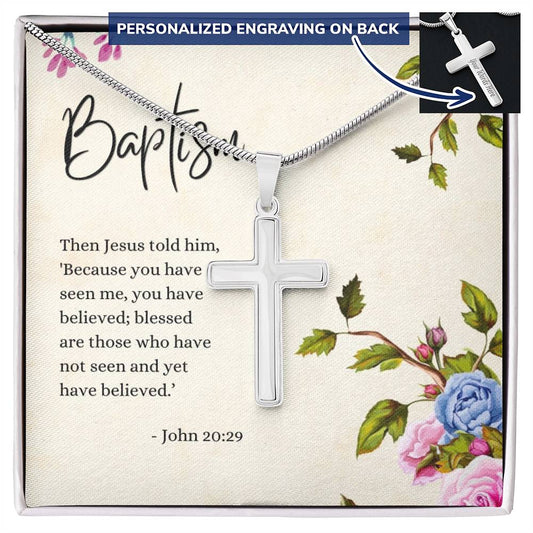 Engraved Cross Necklace | Baptism | John 20:29 | Flowers