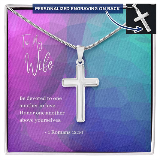 Engraved Cross Necklace | For Wife | 1 Romans 12:10