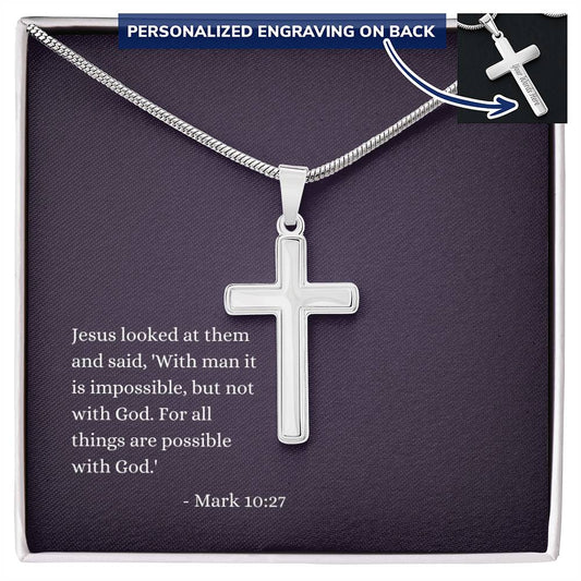 Engraved Cross Necklace | Verse | Mark 10:27 | Purple