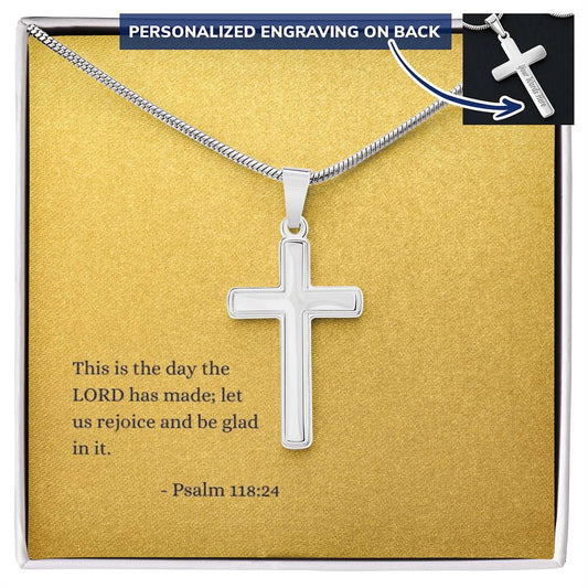 Engraved Cross Necklace | Verse | Psalm 118:24 | Gold