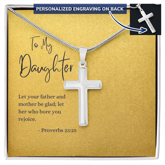 Engraved Cross Necklace | Daughter | Proverbs 23:25 | Gold