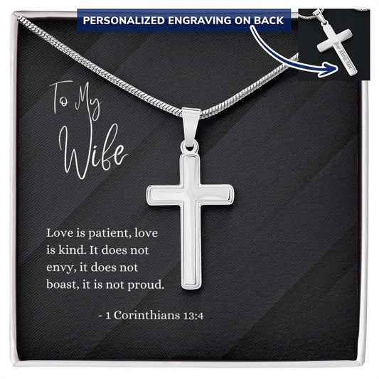 Engraved Cross Necklace | For Wife | 1 Corinthians 13:4