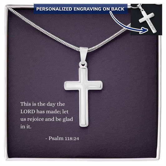 Engraved Cross Necklace | Verse | Psalm 118:24 | Purple