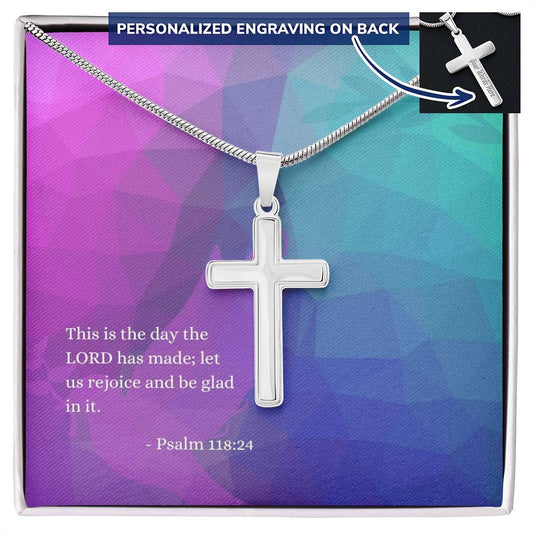 Engraved Cross Necklace | Verse | Psalm 118:24 | Abstract