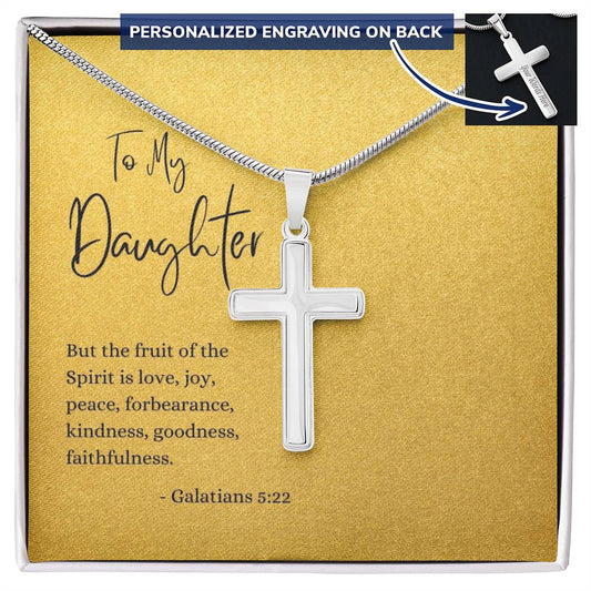 Engraved Cross Necklace | Daughter | Galatians 5:22 | Gold