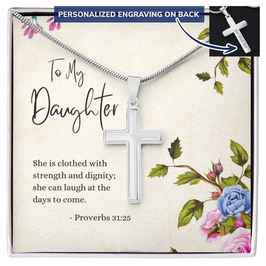 Engraved Cross Necklace | Daughter | Proverbs 31:25 | Flowers