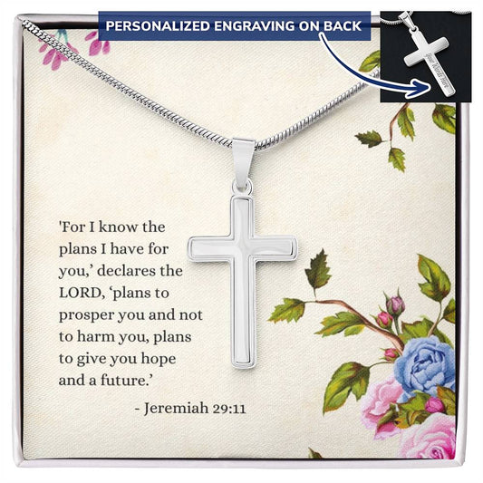 Engraved Cross Necklace | Verse | Jeremiah 29:11 | Flowers