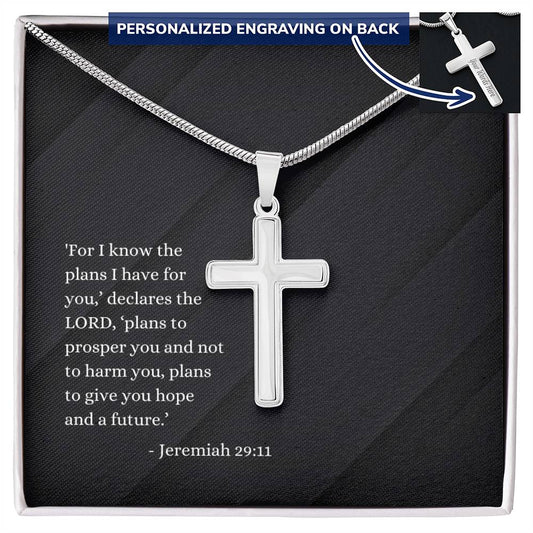 Engraved Cross Necklace | Verse | Jeremiah 29:11 | Black