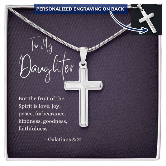 Engraved Cross Necklace | Daughter | Galatians 5:22 | Purple