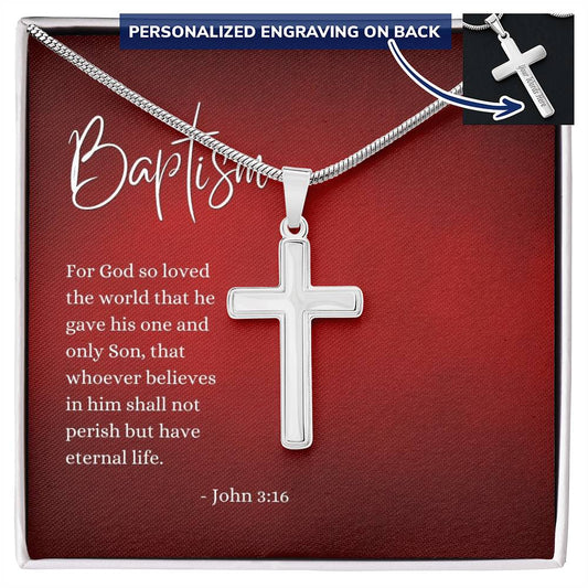 Engraved Cross Necklace | Baptism | John 3:16 | Red