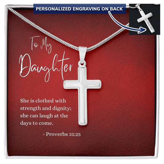 Engraved Cross Necklace | Daughter | Proverbs 31:25 | Red