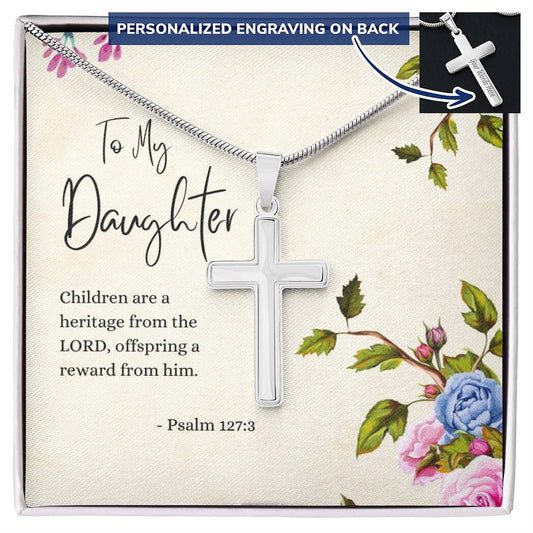 Engraved Cross Necklace | Daughter | Psalm 127:3 | Flowers