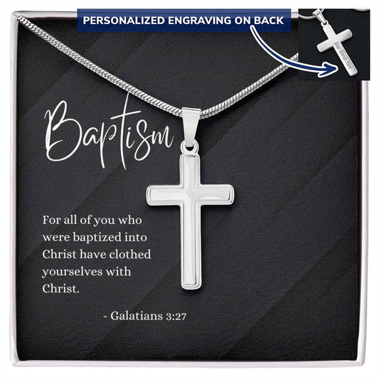 Engraved Cross Necklace | Baptism | Galatians 3:27 | Black