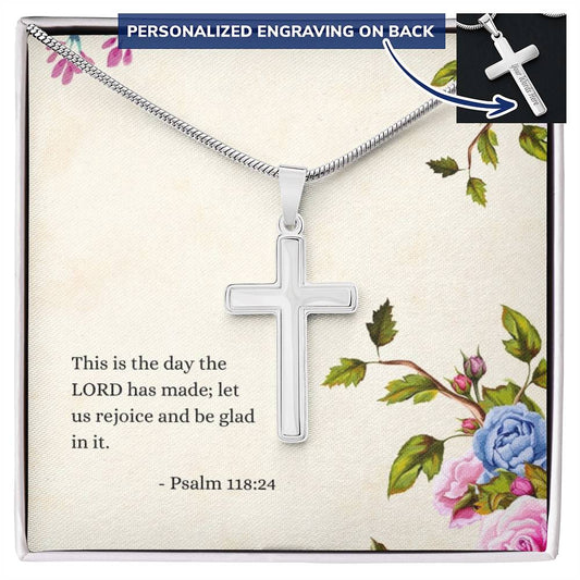 Engraved Cross Necklace | Verse | Psalm 118:24 | Flowers