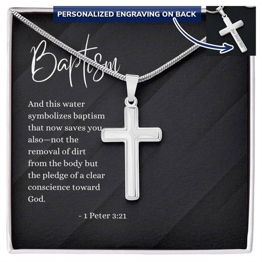 Engraved Cross Necklace | Baptism | 1 Peter 3:21 | Black