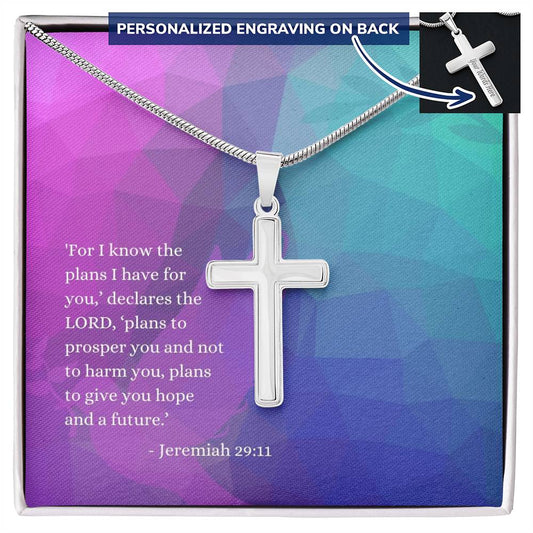 Engraved Cross Necklace | Verse | Jeremiah 29:11 | Abstract