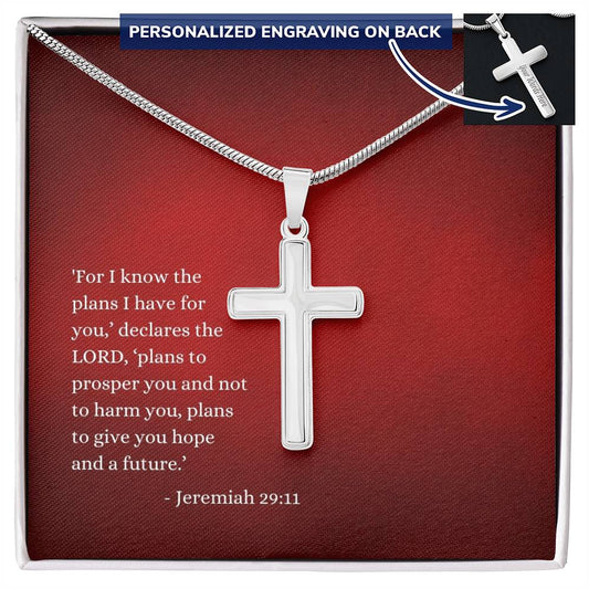 Engraved Cross Necklace | Verse | Jeremiah 29:11 | Red