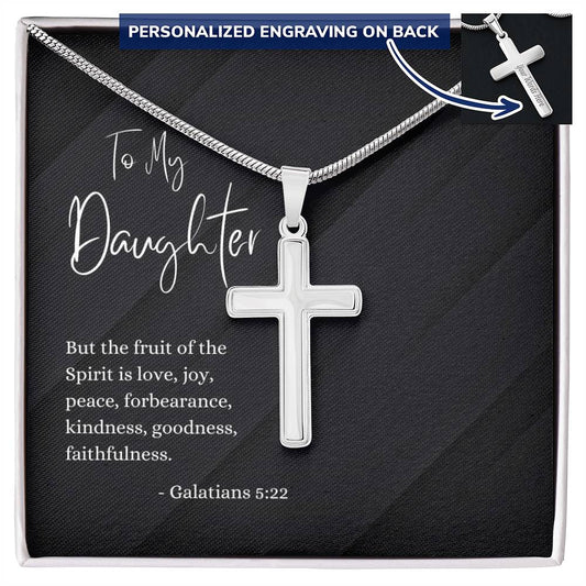 Engraved Cross Necklace | Daughter | Galatians 5:22 | Black