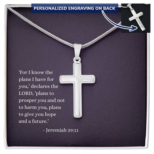 Engraved Cross Necklace | Verse | Jeremiah 29:11 | Purple