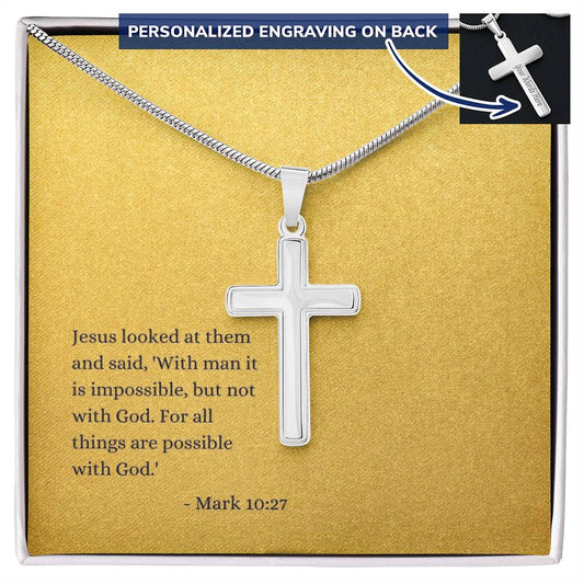 Engraved Cross Necklace | Verse | Mark 10:27 | Gold