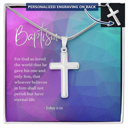 Engraved Cross Necklace | Baptism | John 3:16 | Abstract