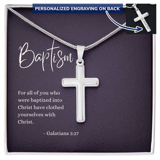 Engraved Cross Necklace | Baptism | Galatians 3:27 | Purple