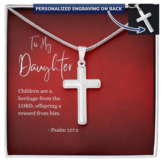 Engraved Cross Necklace | Daughter | Psalm 127:3 | Red