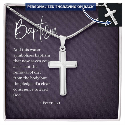 Engraved Cross Necklace | Baptism | 1 Peter 3:21 | Purple