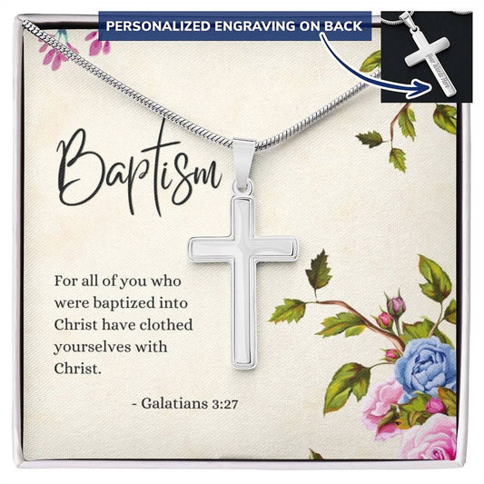 Engraved Cross Necklace | Baptism | Galatians 3:27 | Flowers