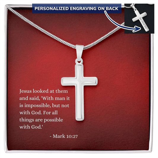 Engraved Cross Necklace | Verse | Mark 10:27 | Red