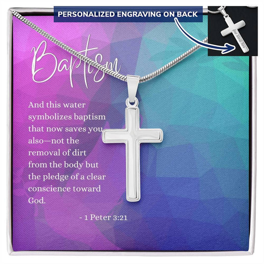 Engraved Cross Necklace | Baptism | 1 Peter 3:21 | Abstract