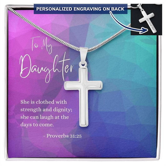 Engraved Cross Necklace | Daughter | Proverbs 31:25 | Abstract