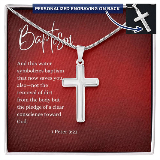 Engraved Cross Necklace | Baptism | 1 Peter 3:21 | Red